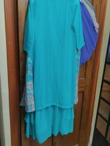 Teal Embellished Dress &amp; Jacket Set