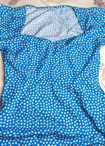 Cafe Type Blue Side Slit Polka Dot Dress
