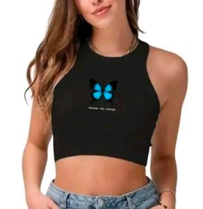 Butterfly Printed Cut Sleeves Crop Top