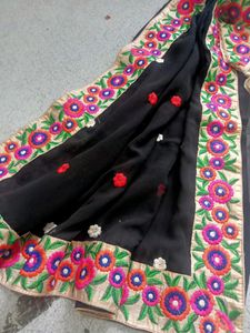 Black Saree with Embroidered Floral Border