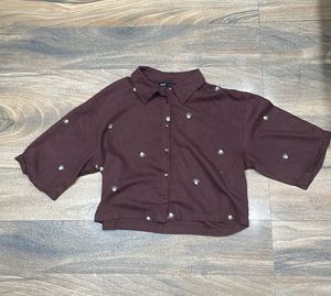 Coffee Brown Floral cropped shirt