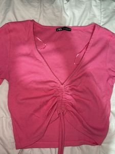 ZARA Pink Ribbed Drawstring Crop Top