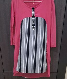 High Low Pink Top with Black N White Stripes