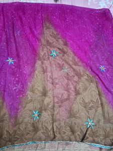 Brown &amp; Purple Embroidered Saree
