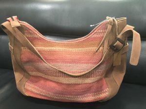 Leather And Jute Striped Handbag