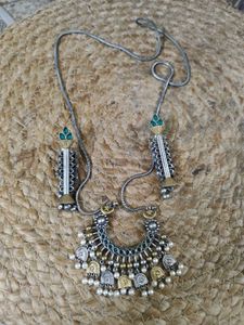 Silver Replica Long Pendant Set With Green Stones