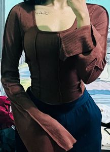 Coffee Brown Ribbed Long Sleeve Top