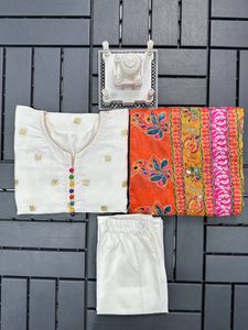 White Chinon Suit With Multicolor Dupatta