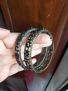 Oxidised silver stone studded Bangle Set