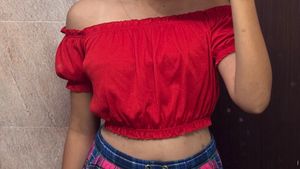 H&M Red ruched off the shoulder bardot top