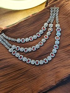 Three layered Ruby Red American Diamond Necklace