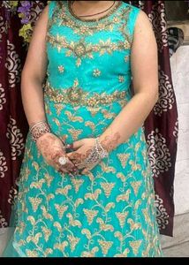 Aqua &amp; Gold Embellished Anarkali