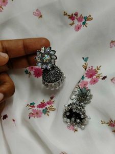 Silver Stoned Jhumka Earrings