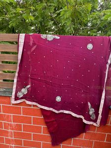 Magenta Burgundy Saree with Silver Embroidery
