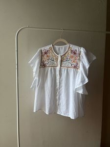 Embroidered Cotton Linen Flutter sleeve Tops