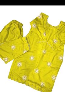 Lime Yellow Pearl Embroidered Kurti Set