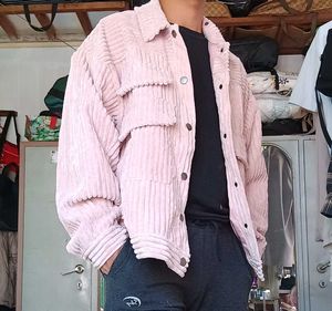 Korean Pink Corduroy Button-Down Jacket
