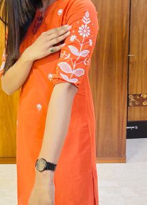 Orange Embroidered Kurti Set