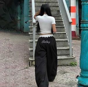 Baggy Black Pants with Lace Trim