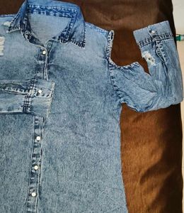 Distressed Denim Cold Shoulder Top