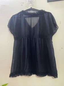 Black Sheer Lace Trim Top