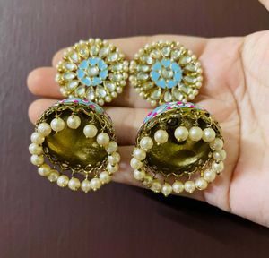 Blue Kundan Jhumka Earrings