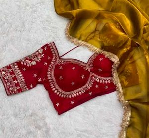 Pintresty Red Blouse With Golden Saree