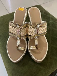 New Gold Wedge Bridal Heel Sandals With Sticker