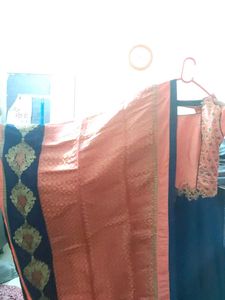 Peach &amp; Blue Embroidered Anarkali Dress
