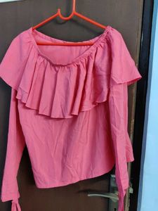 Pink Ruffle One-Shoulder Blouse