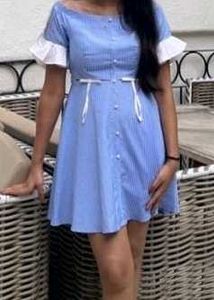 Blue Striped Off-Shoulder Dress
