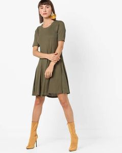 Olive Green Ribbed Casual Dress