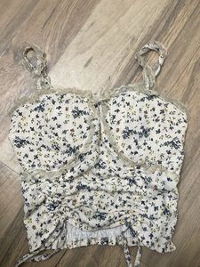 Floral Lace Trim Drawstring Crop Top
