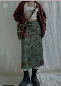 Green Floral Print Midi Skirt (Newme)