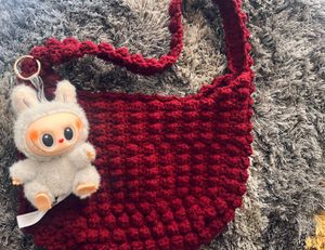 Red Crochet Hobo Bag with Charm