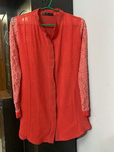 Flat 199 Any Top! Coral Shirt- Embroidered Sleeves