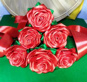 Ribbon Red Rose Flower, Pack Of 6.