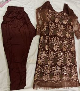 Elegant Brown &amp; Gold Embellished Pakistani Suit