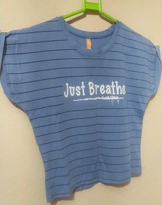 Blue Striped &#34;Just Breathe&#34; Tee