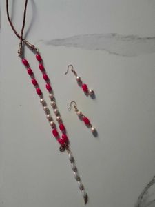 Red Beads And Pearl Set.