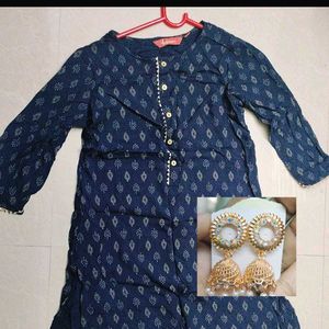 💙✨Blue Printed Kurti with Gold Jhumka
