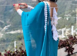 Elegant Blue Saree with Ruffle Blouse