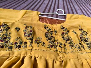 Yellow Embroidered Front Open Kurti