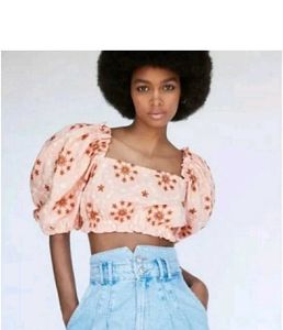 Zara Embroidered Voluminous Puff Sleeve Crop Top B