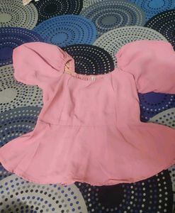 Pink Puff-Sleeve Peplum Crop Top