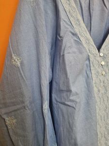 Blue Top with White Frill Detailing
