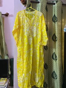 Farhaa Yellow Floral Long Mul Kurta
