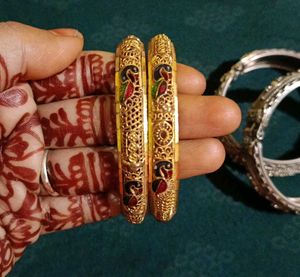 Golden Bangles And Silver Bracelet Set