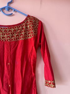 Red &amp; Gold Embroidered Kurti