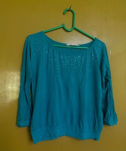 Teal Blue 3/4 Sleeve Embellished Casual Top